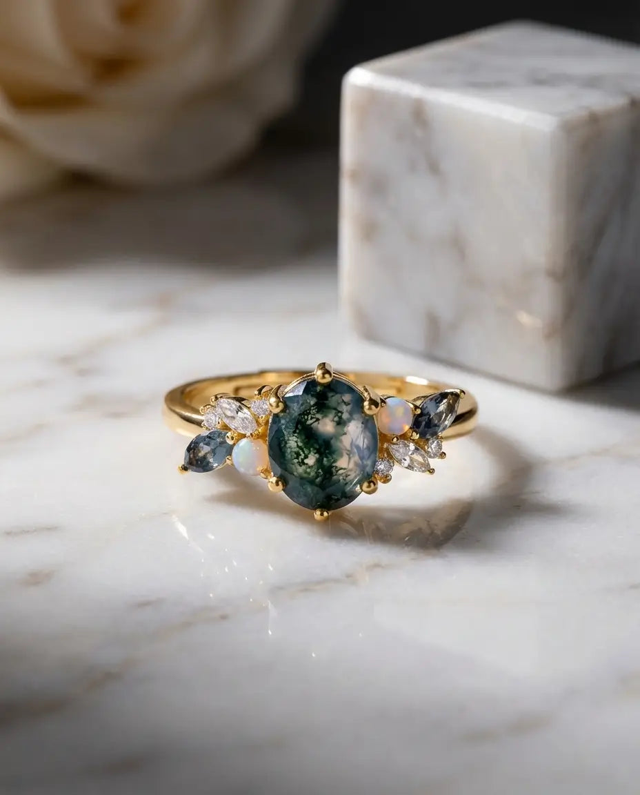 Mosagaat Ring – Ovale Steen van 6 x 8 mm met Opalen en Blauwe Zirkonen, 10K Goudverguld