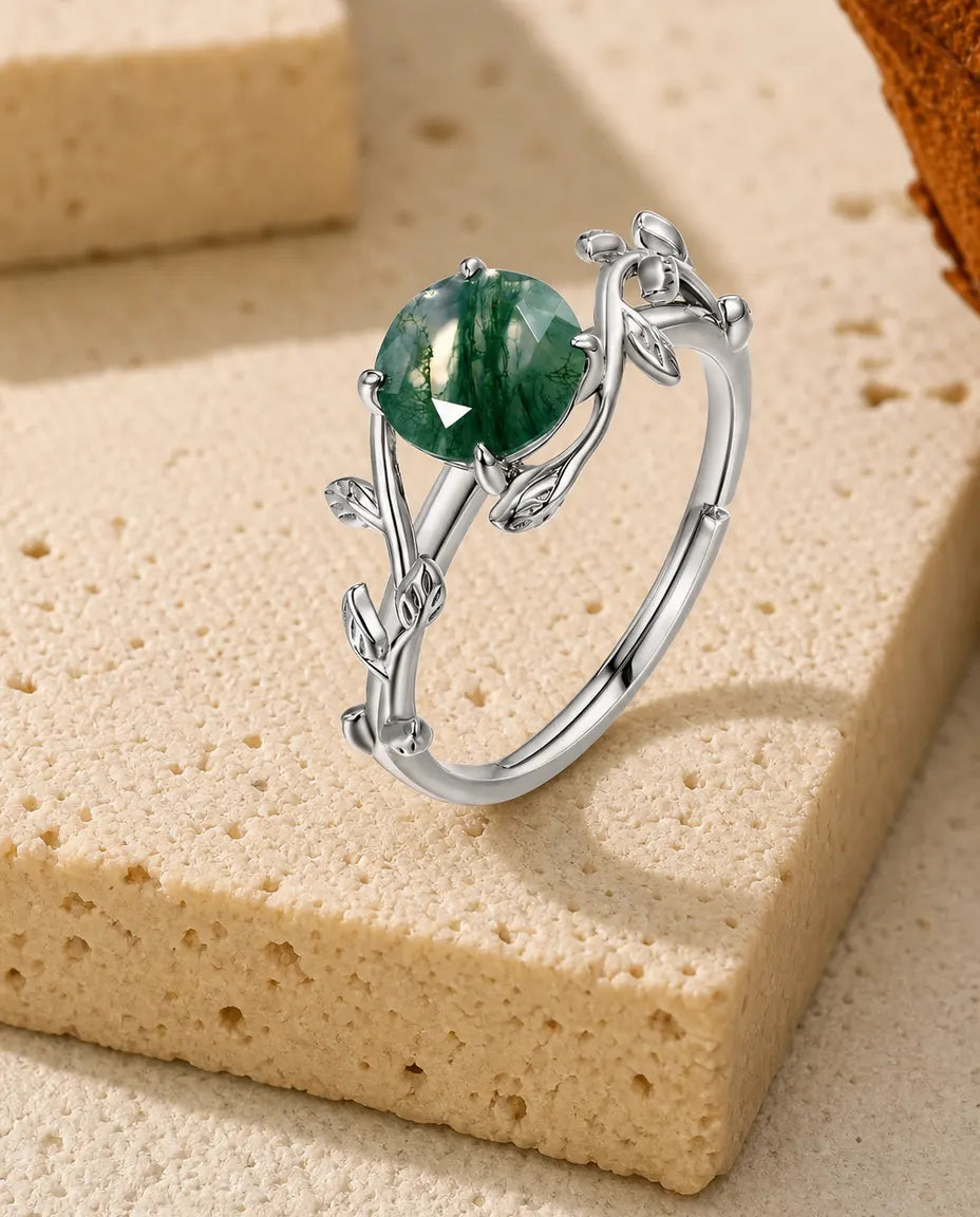 Mosagaat Ring met Klimopband – Ronde Steen in Roosslijping, Verstelbaar 925 Sterling Zilver