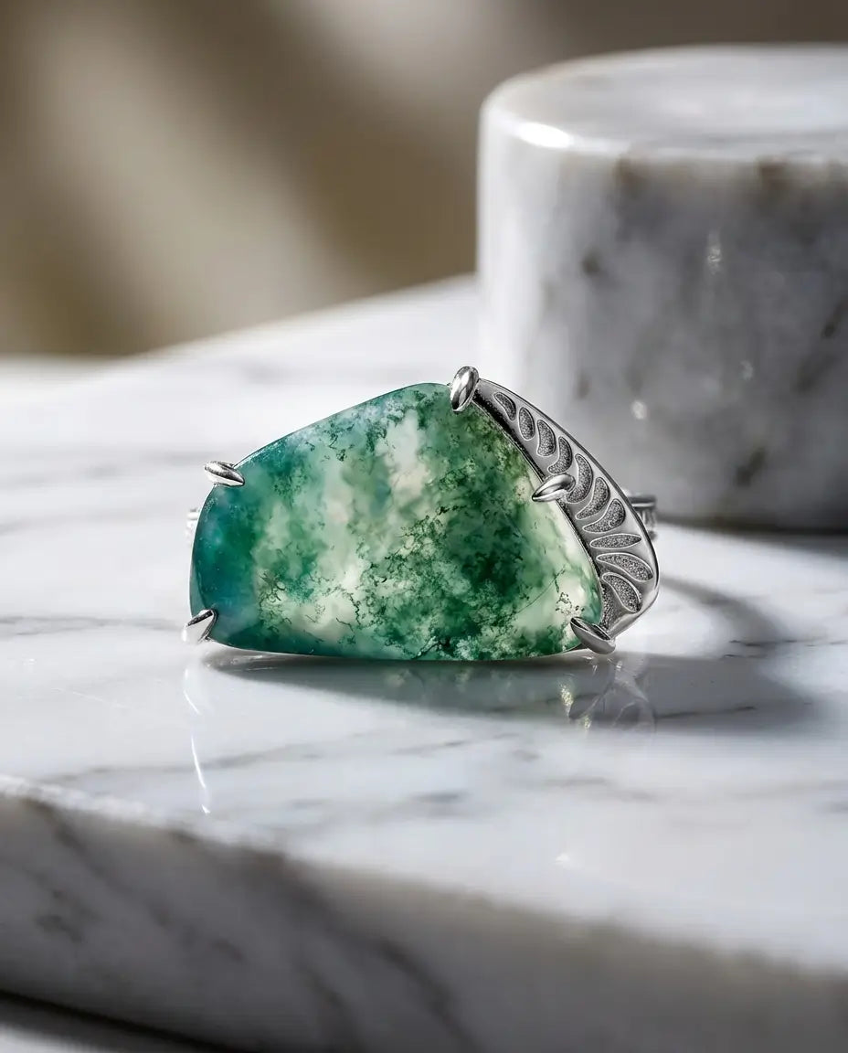 Mosagaat Ring – Vrije Vorm Steen van 11 x 15 mm met Varenbladgravure, Verstelbare Open Band