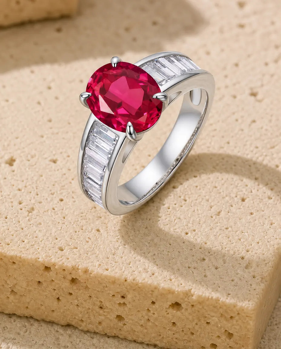 Robijn Ring Labgekweekt – Ovale Solitair met Baguette Schouders, 925 Sterling Zilver