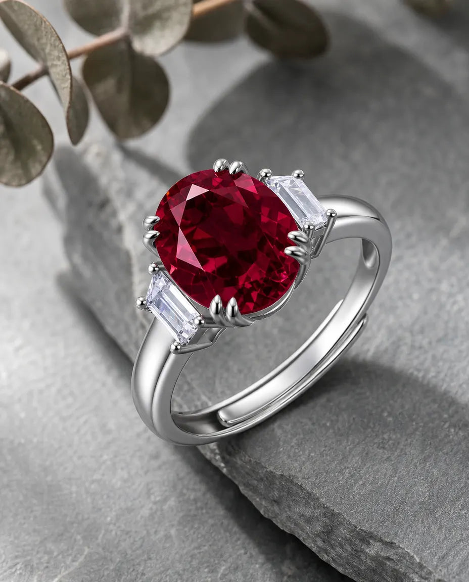 Robijn Ring – Ovale Labgekweekte Steen van 8 x 10 mm met Baguette Accenten, 925 Sterling Zilver