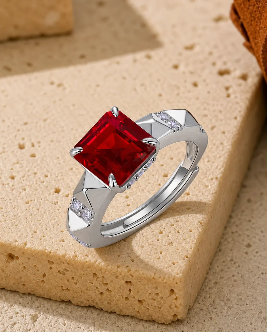 Robijn Ring – Vierkante Labgekweekte Steen van 8 mm op Art Deco Band, Verstelbaar
