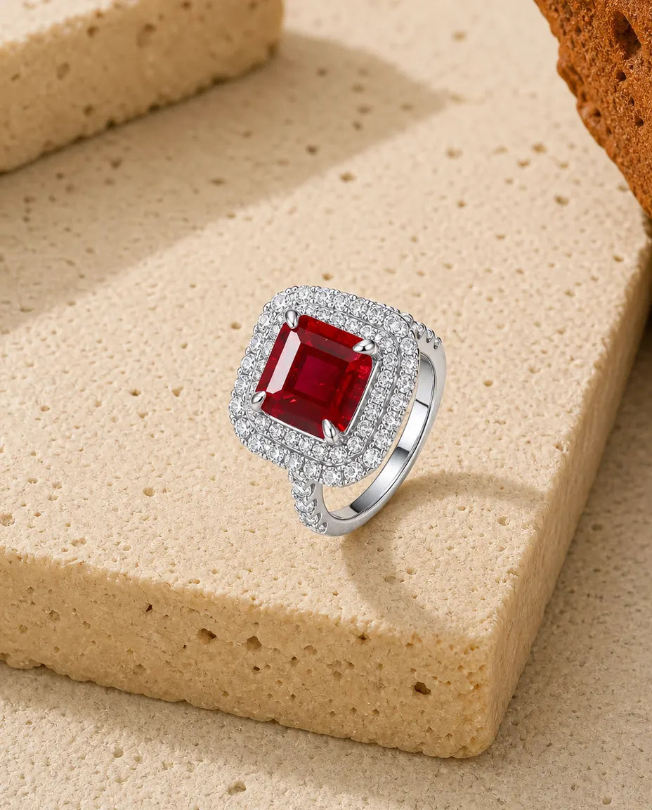 Robijn Ring – Vierkante Labgekweekte Steen van 8 mm met Dubbele Halo, 925 Sterling Zilver