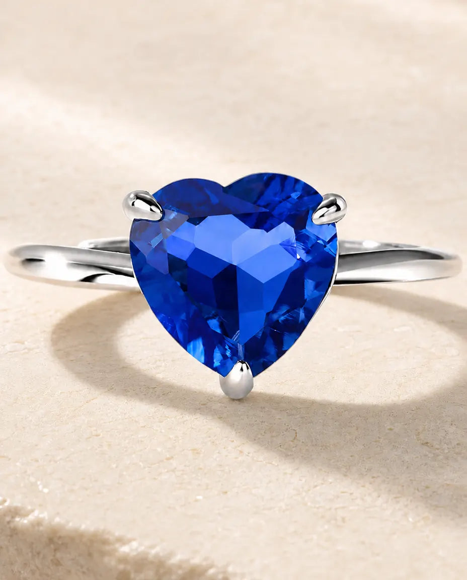 Saffier Ring met Hartvormige Steen — Verstelbare Open Solitaire in 925 Sterling Zilver