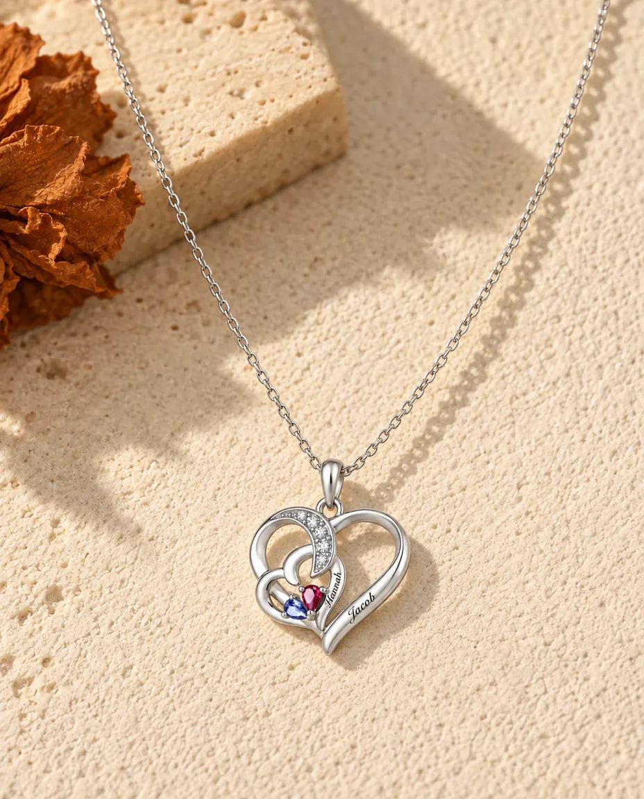 Gepersonaliseerde Geboortesteen Ketting met 2 Namen - twee verstrengelde harten met druppelstenen, gerhodineerd