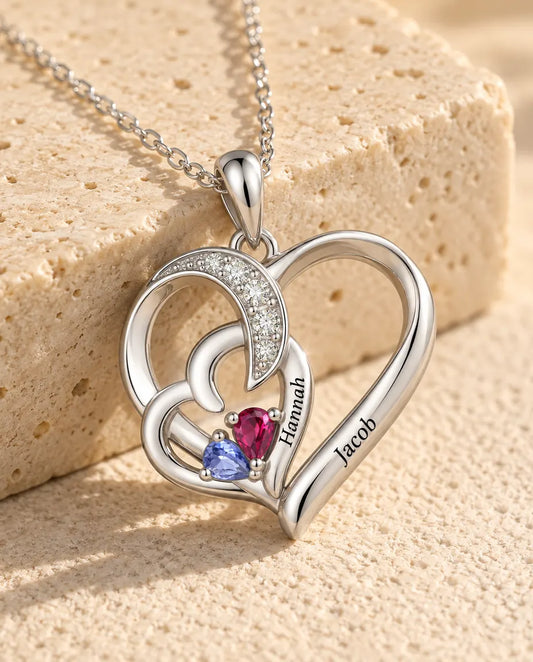Gepersonaliseerde Geboortesteen Ketting met 2 Namen - twee verstrengelde harten met druppelstenen, gerhodineerd