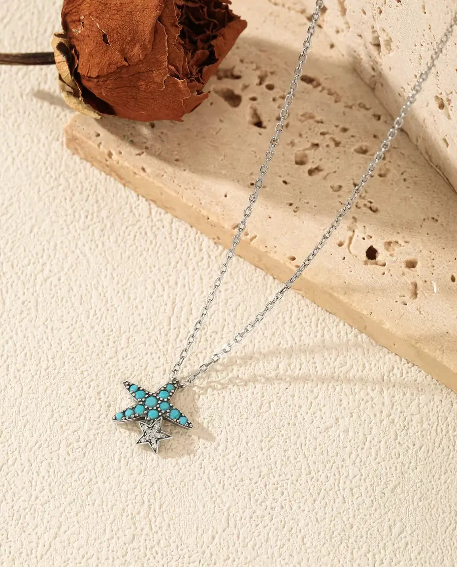 Zeester Ketting met Turkoois - hanger 14,5 x 15 mm met sterretje, 925 sterling zilver, 40 + 5 cm