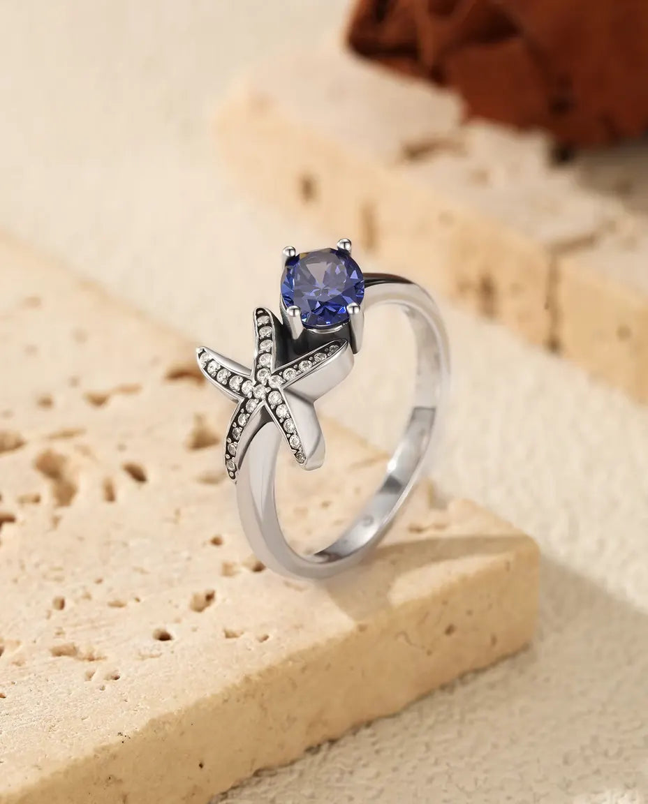 Zeester Ring - ovale violette zirkonia 5 x 7 mm met pavé ster, maten 5 tot 9, 925 sterling zilver