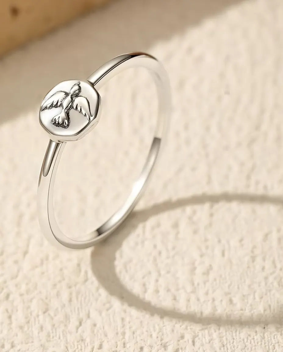 Zegelring met duif - 925 sterling zilver, achthoekig zegel van 6 mm en dunne band van 1,2 mm, om te stapelen