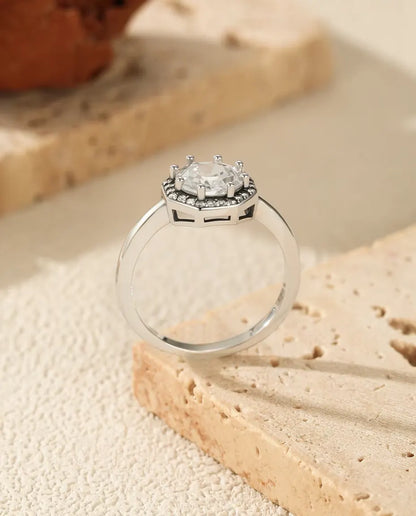 Achthoekige Halo Ring - zirkonia in trapslijpsel met pavé halo, 9,5 mm, maten 5 tot 9, 925 sterling zilver