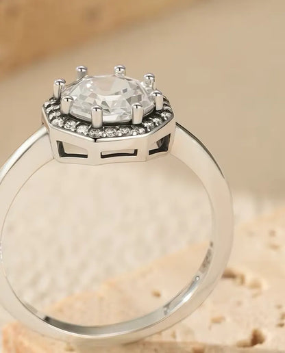 Achthoekige Halo Ring - zirkonia in trapslijpsel met pavé halo, 9,5 mm, maten 5 tot 9, 925 sterling zilver