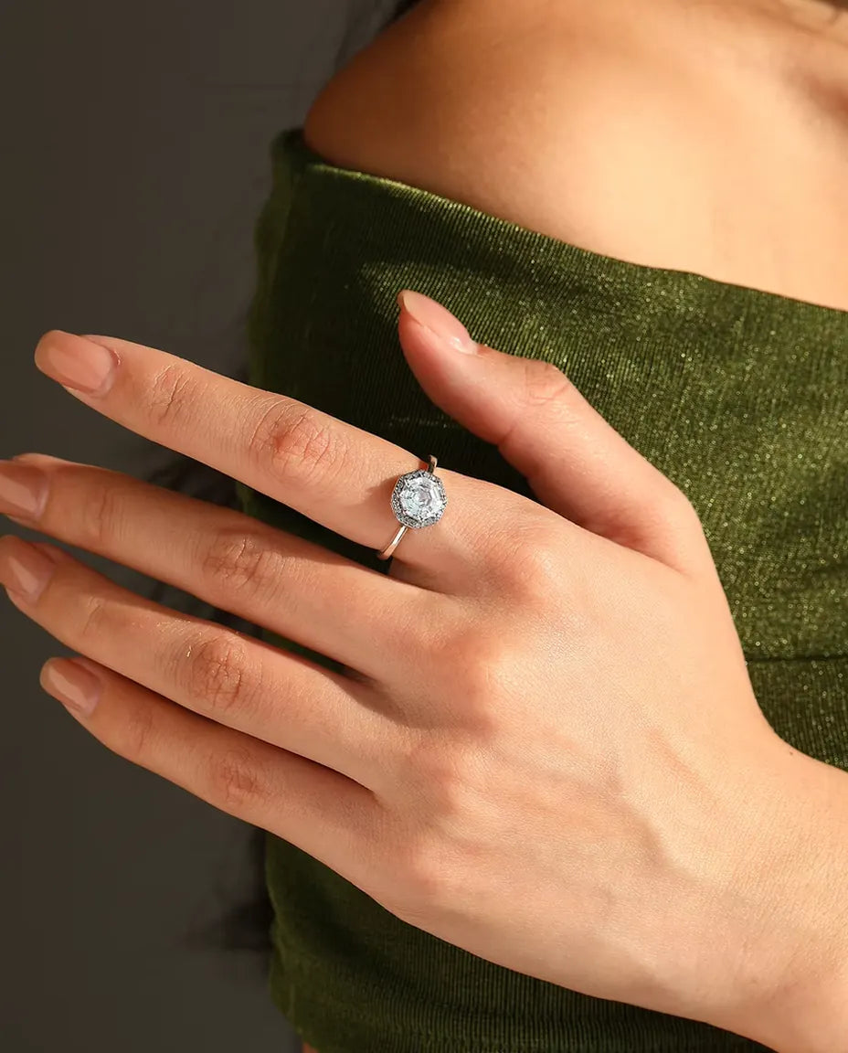 Achthoekige Halo Ring - zirkonia in trapslijpsel met pavé halo, 9,5 mm, maten 5 tot 9, 925 sterling zilver