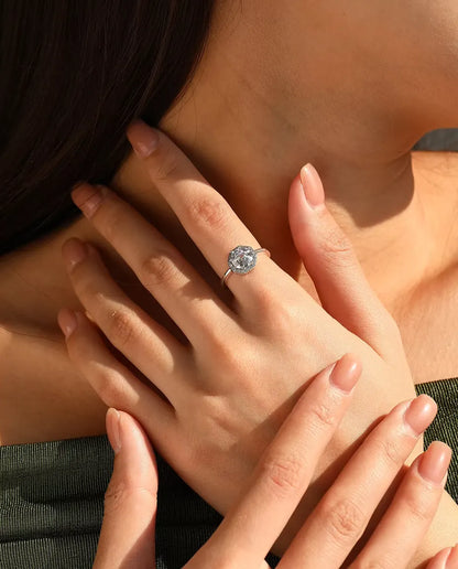 Achthoekige Halo Ring - zirkonia in trapslijpsel met pavé halo, 9,5 mm, maten 5 tot 9, 925 sterling zilver