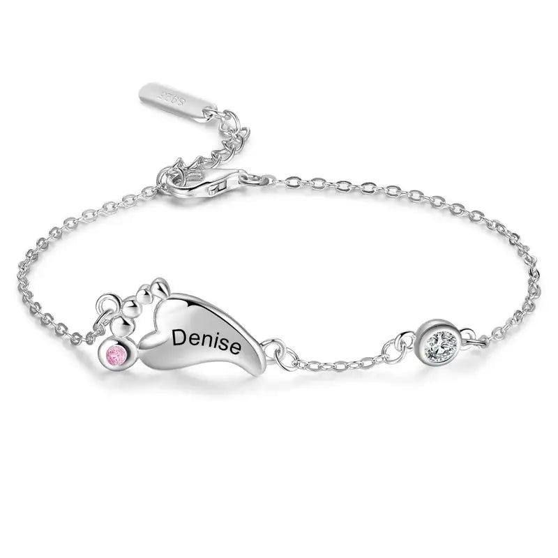 Gepersonaliseerde Armband Dames – Babyvoetjes met 1 tot 3 Namen en Geboortestenen, 925 Sterling Zilver