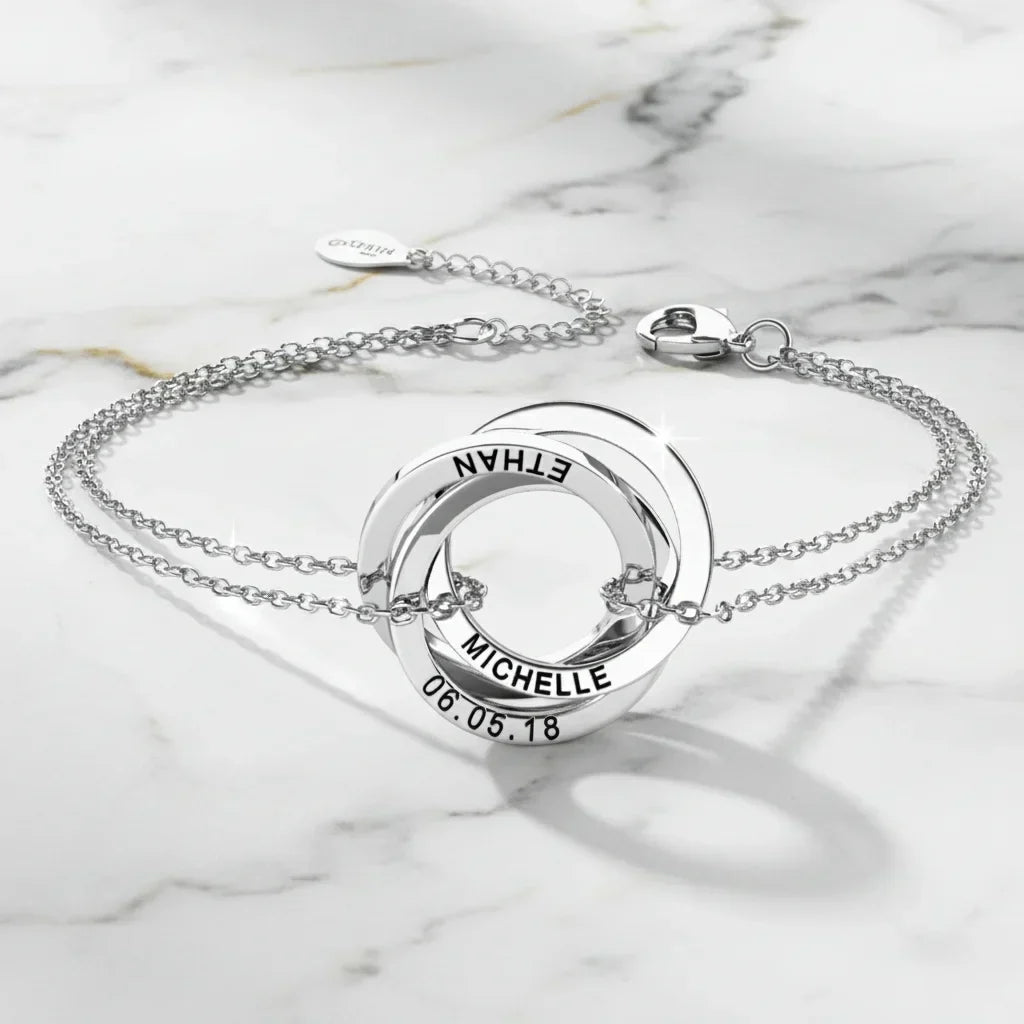 Gepersonaliseerde Armband Dames – 3 tot 5 Verstrengelde Gegraveerde Ringen, 925 Sterling Zilver