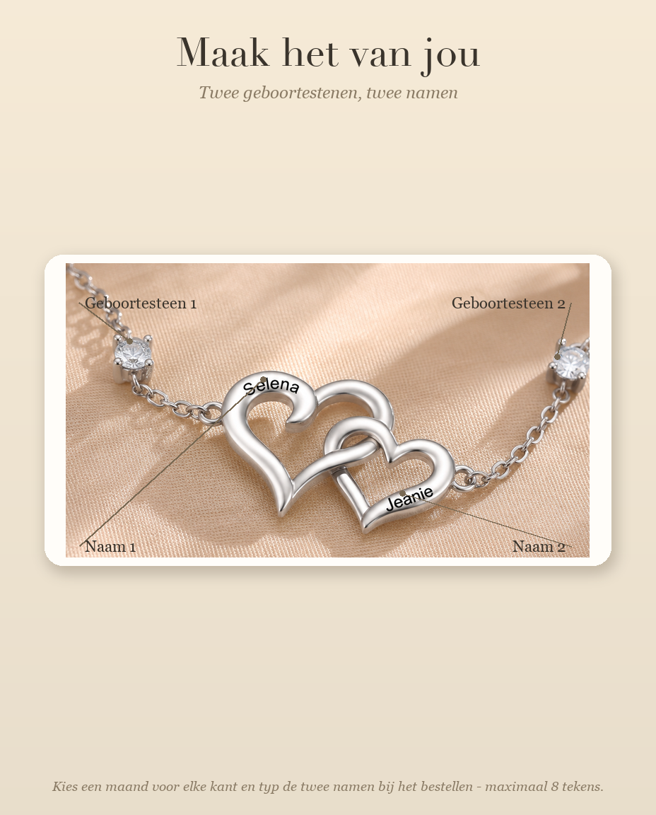 Personalisatiegids voor de armband met twee geboortestenen en twee namen