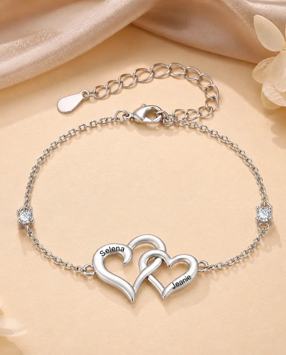 Gepersonaliseerde Dubbel Hart Armband 2 Namen - verstrengelde harten met twee geboortestenen, verstelbaar