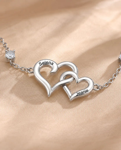 Gepersonaliseerde Dubbel Hart Armband 2 Namen - verstrengelde harten met twee geboortestenen, verstelbaar