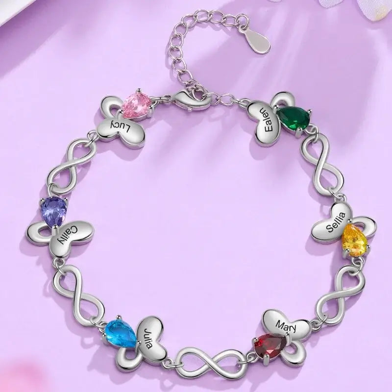 Gepersonaliseerde Armband met Vlinder en Infinity – 1 tot 6 Geboortestenen en Gegraveerde Namen
