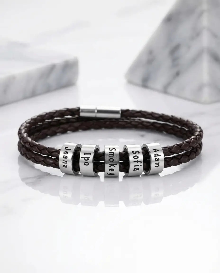 Gegraveerde Herenarmband – Bruin Gevlochten Leer met 1 tot 5 Stalen Naamkralen, 19 of 21,5 cm