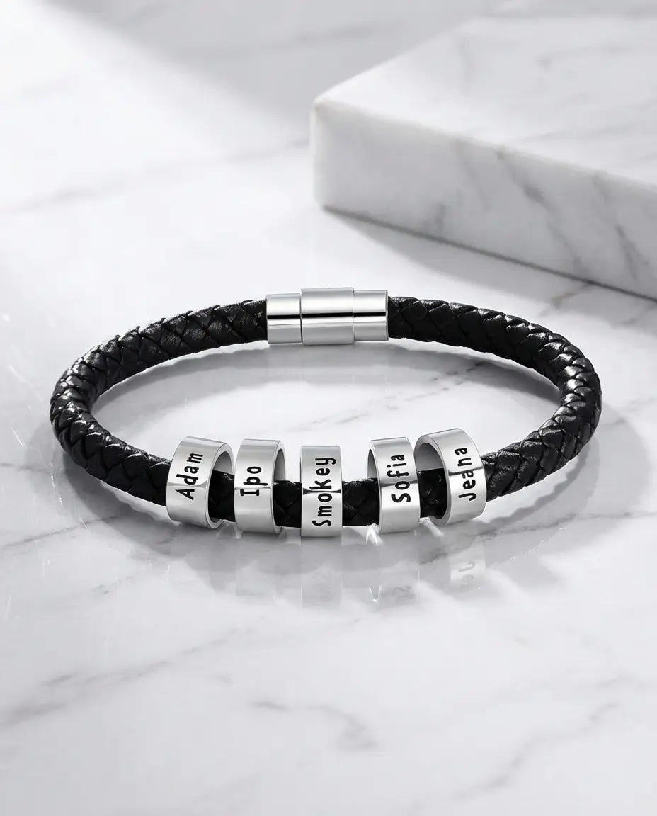 Gegraveerde Herenarmband – Gevlochten Koord met 1 tot 5 Stalen Naamkralen, 19 of 21,5 cm