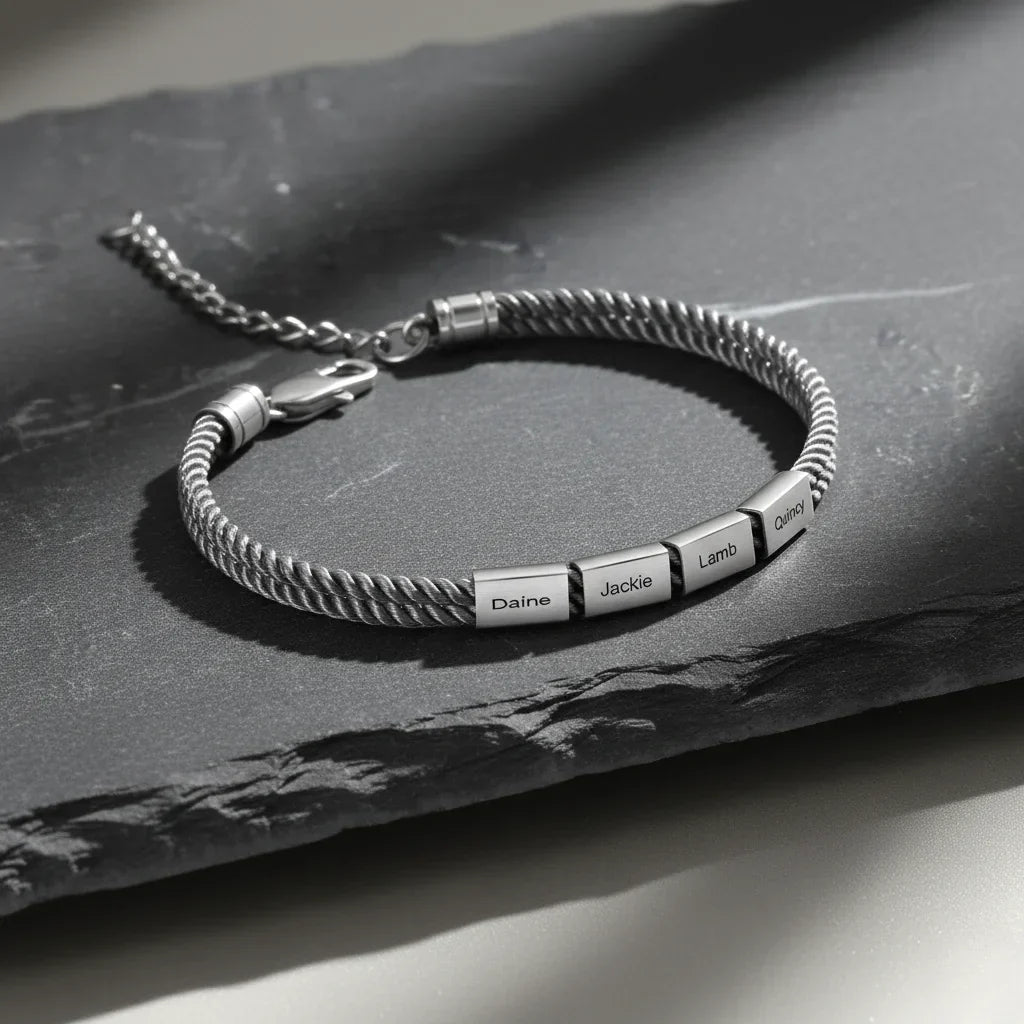 Gegraveerde Herenarmband – Maritiem Koord met Stalen Naamplaat, 1 tot 4 Namen