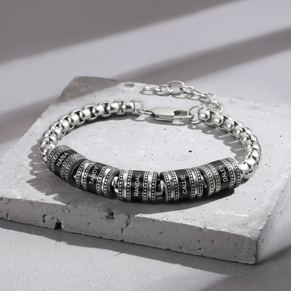 Gegraveerde Herenarmband van Staal – Tot 5 Kralen met Naam, Cadeau voor Papa
