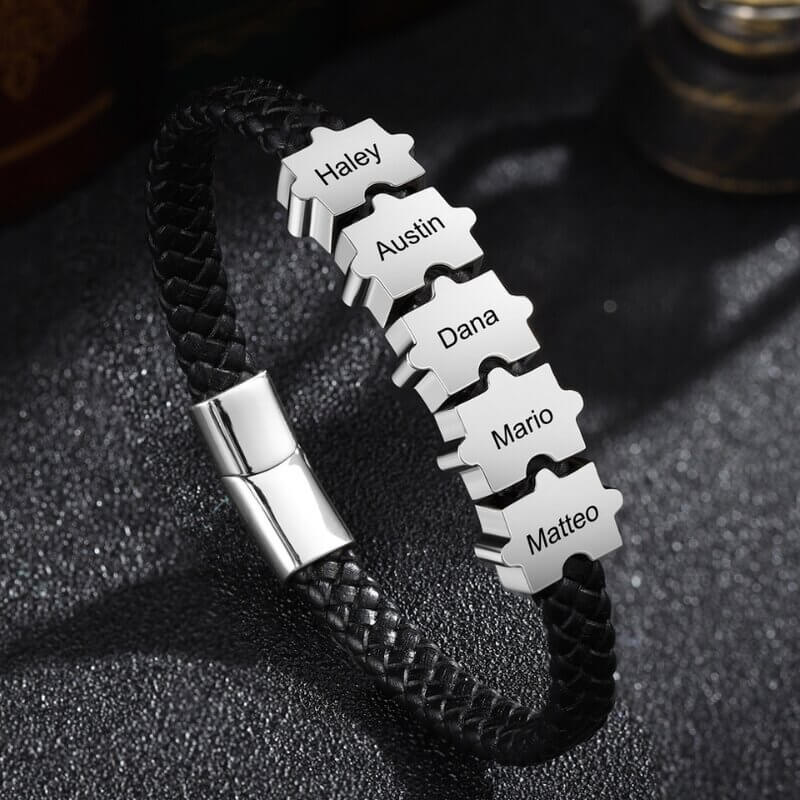Gegraveerde Herenarmband – Zwart Leer met 2 tot 5 Puzzelkralen, Cadeau voor Hem