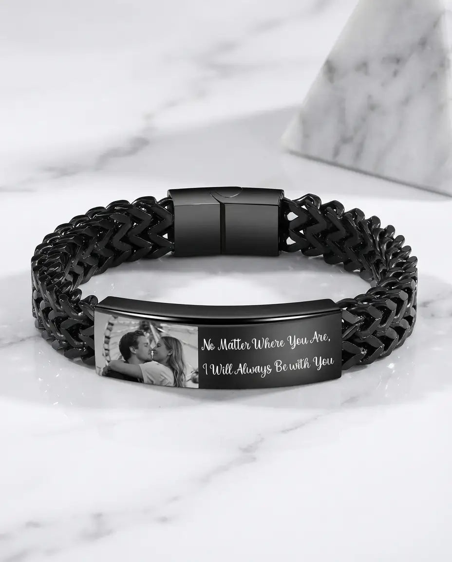 Herenarmband met Foto – Gegraveerde ID-Plaat aan Gevlochten Schakels, Cadeau voor Papa