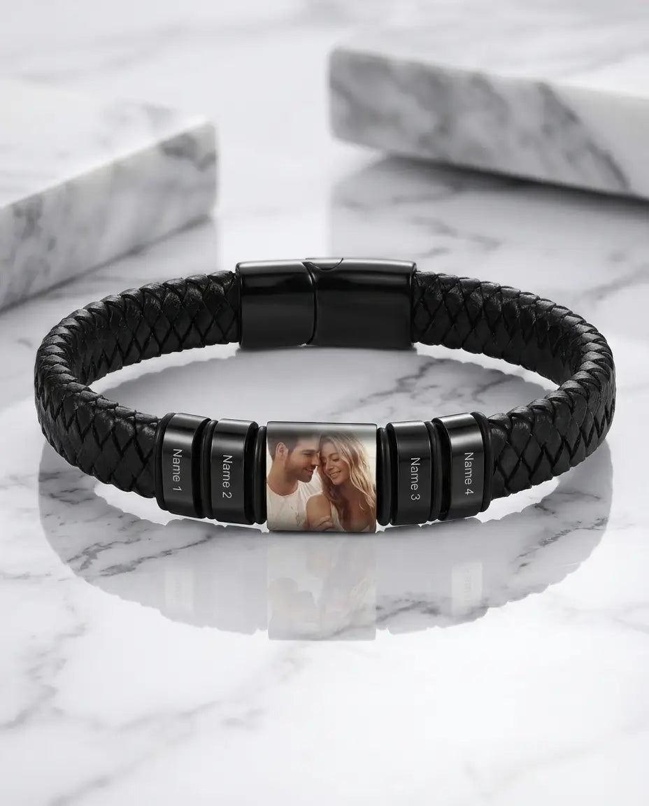 Herenarmband met Foto – Gevlochten Leer met Gegraveerde Namen
