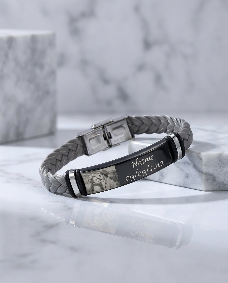Herenarmband met Foto – Gevlochten Leer met Gegraveerde ID-plaat in Zwart, Bruin of Grijs