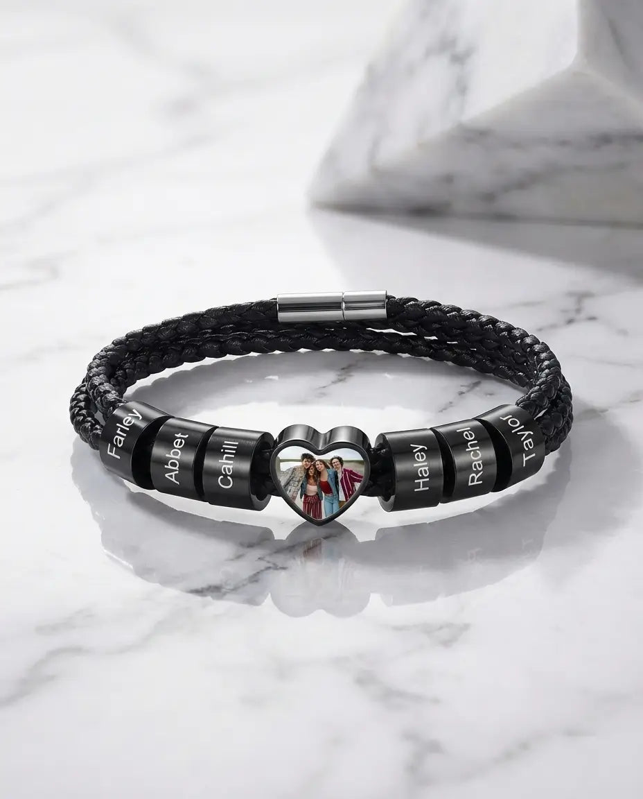 Herenarmband met Foto – Hartbedel van Roestvrij Staal met Zes Gegraveerde Namen