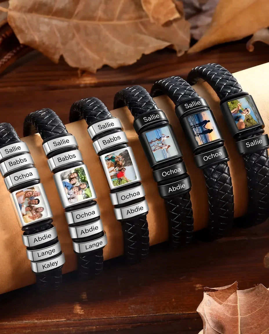 Herenarmband met Foto – Gevlochten Leer met tot 6 Naamkralen en Magneetsluiting