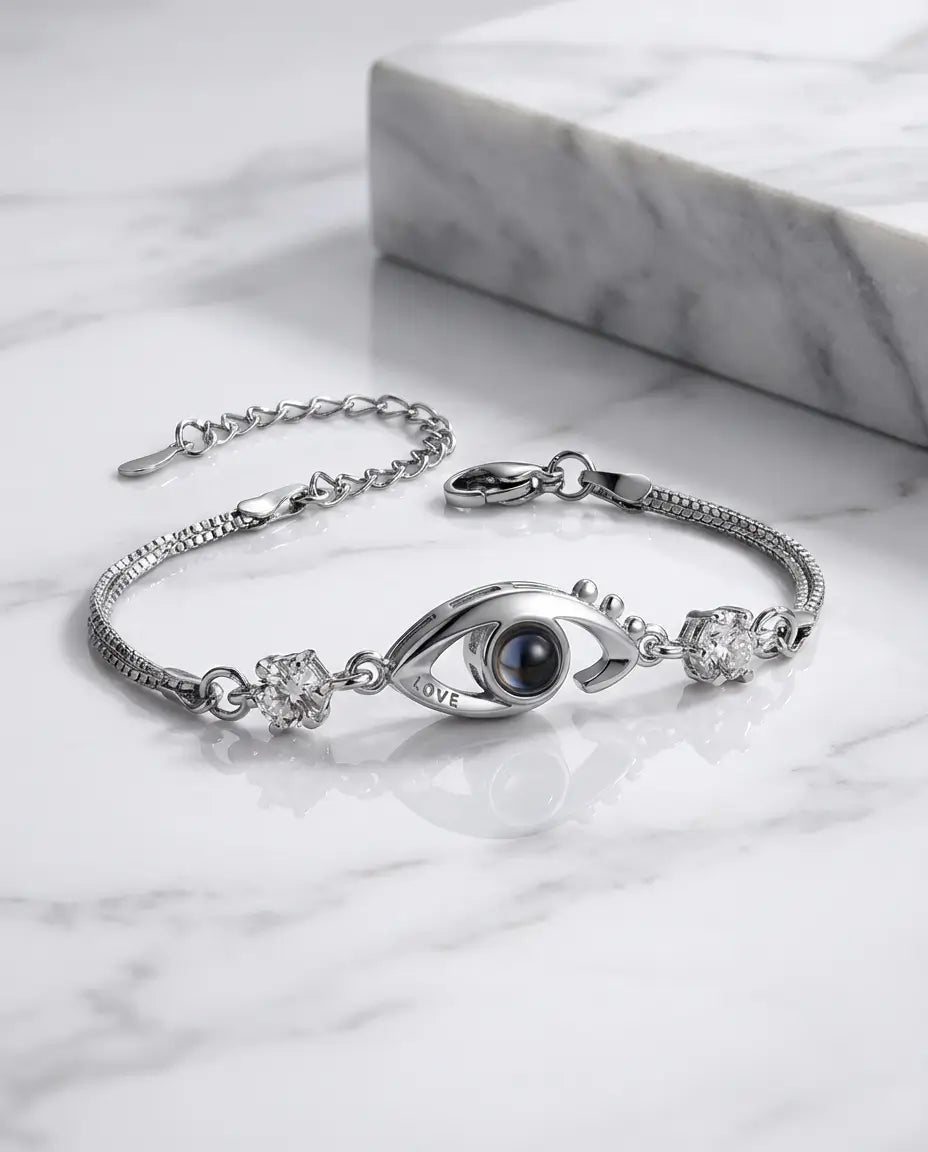 Armband met Foto Erin — Beschermend Oog van Zirkonia met LOVE-gravure, Zilver of Roségoud
