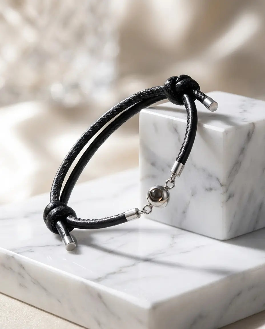 Armband met Foto Erin – Gevlochten Leer met Stalen Kraal, Uniseks en Verstelbaar