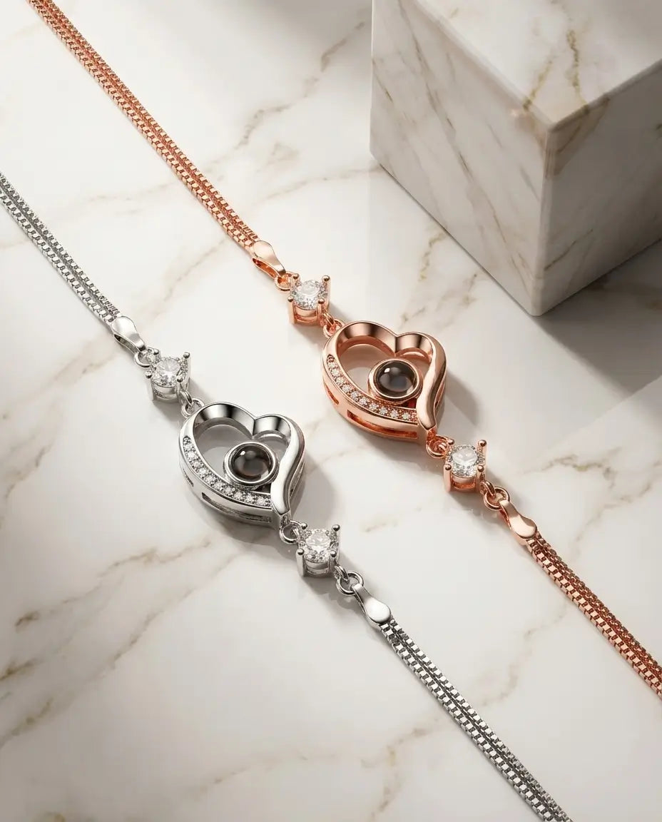 Armband met Foto Erin – Hartbedel aan Dubbele Ketting, Zilver of Roségoud