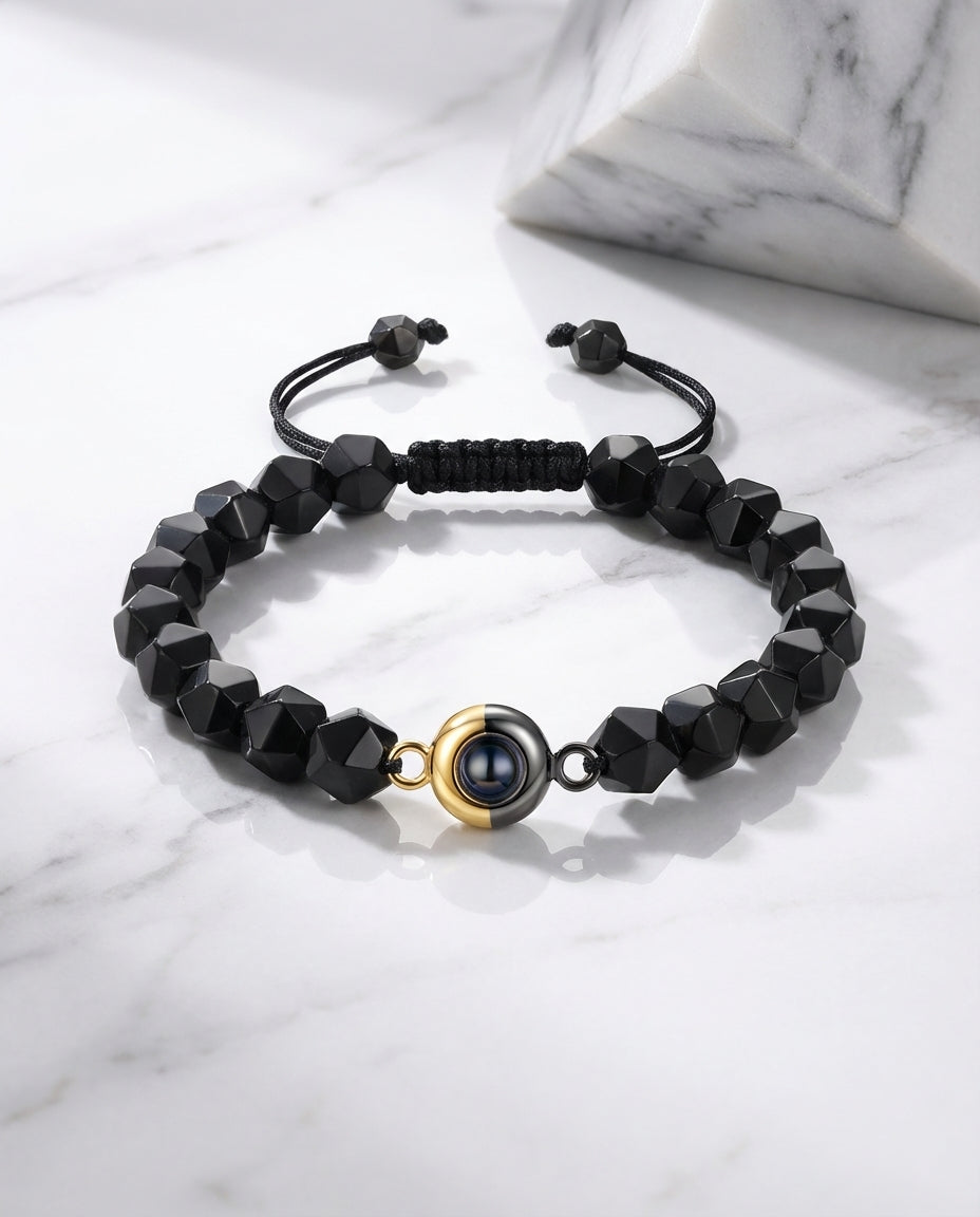 Armband met Foto Erin – Gefacetteerde Zwarte Obsidiaan Kralen, Unisex Model