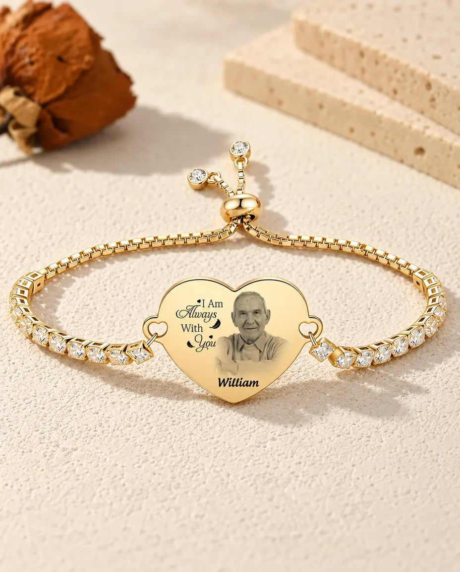 Goudkleurige versie van de tennisarmband met gegraveerd fotohart