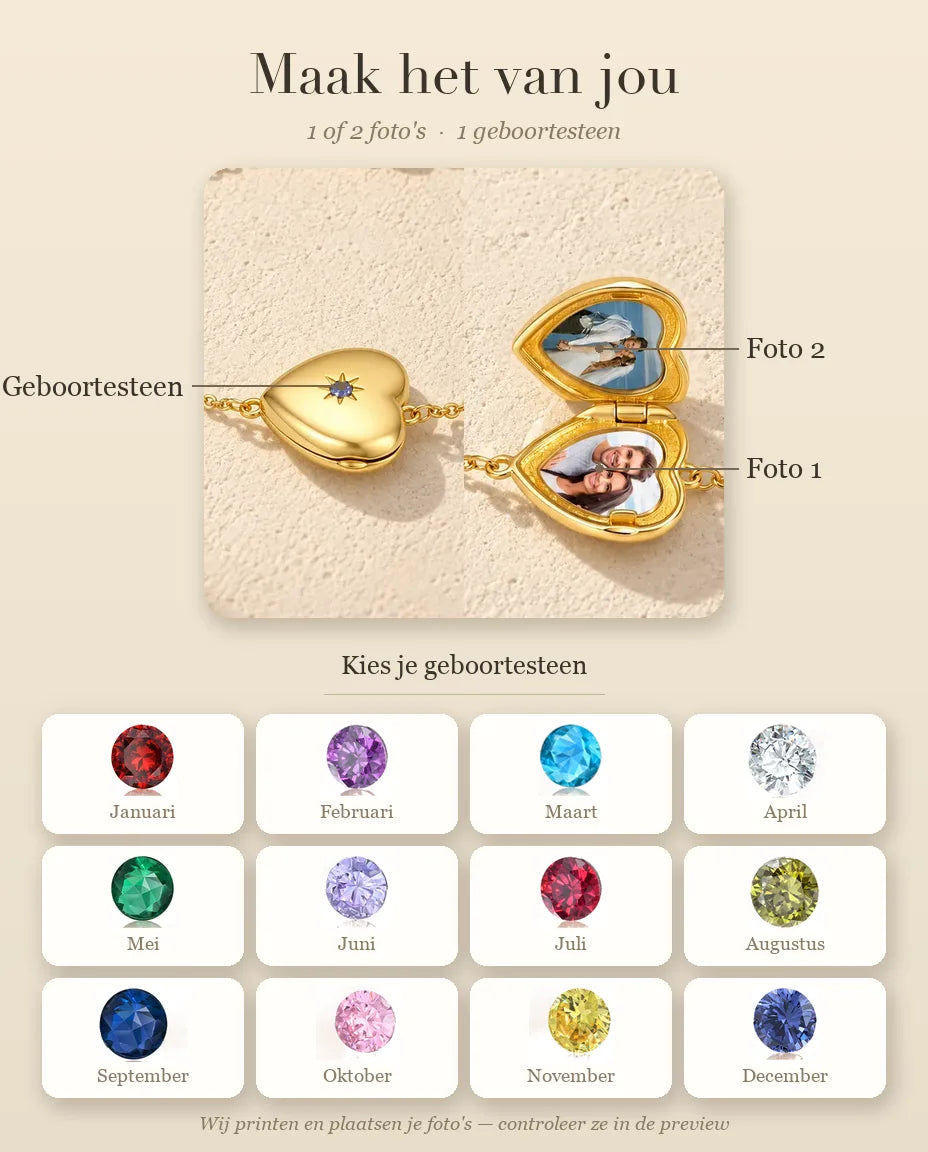 Personalisatiegids voor de armband met hartmedaillon: Geboortesteen, Foto 1 en Foto 2