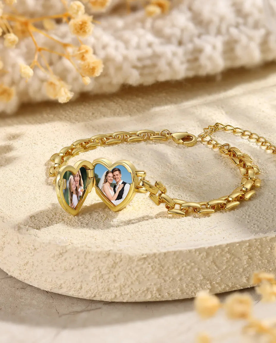 Armband met Foto – Hartmedaillon voor Twee Foto's aan Goudkleurige Horlogeschakel