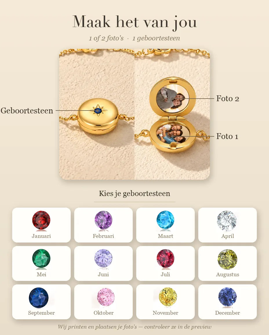 Personalisatiegids voor de armband met rond medaillon: Geboortesteen, Foto 1 en Foto 2