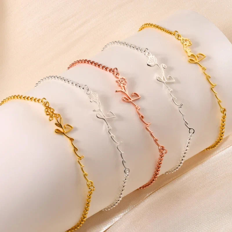 Armband met Naam en Geboortebloem – Koper in Zilver, Geelgoud of Roségoud