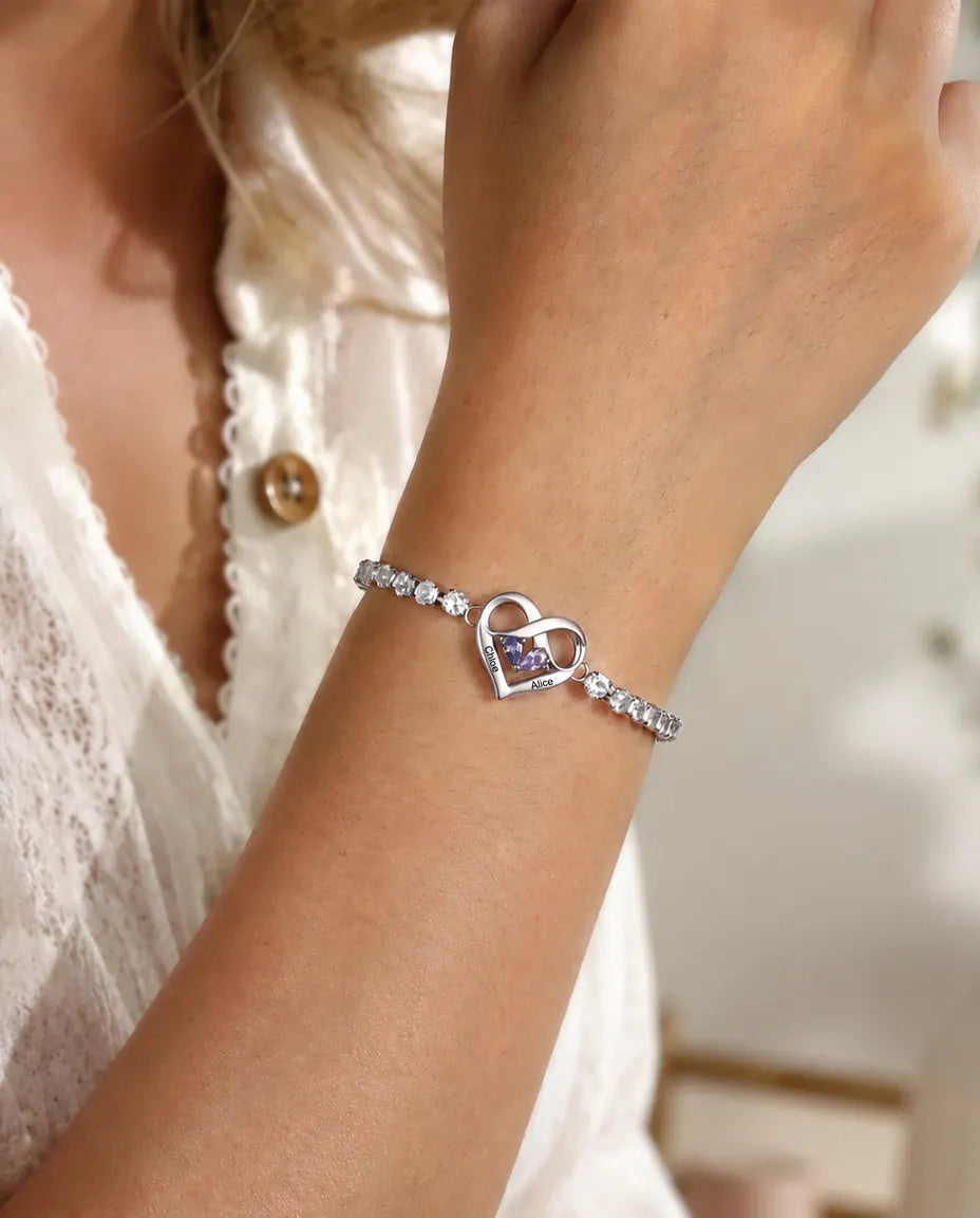 Gepersonaliseerde Armband met 2 Geboortestenen en 2 Namen - tennisarmband met oneindig hart, verstelbaar