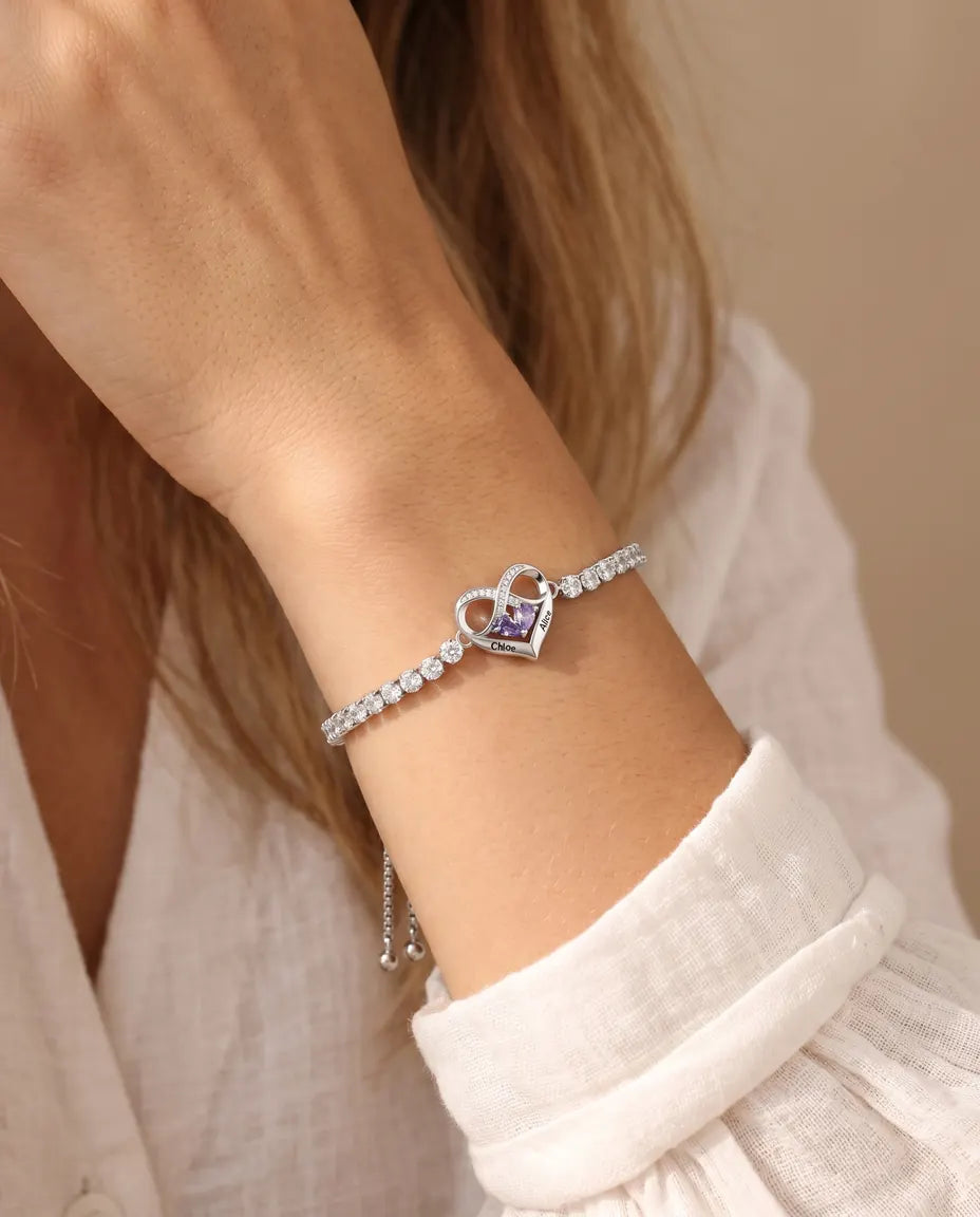 Gepersonaliseerde Armband met 2 Geboortestenen en 2 Namen - tennisarmband met oneindig hart, verstelbaar