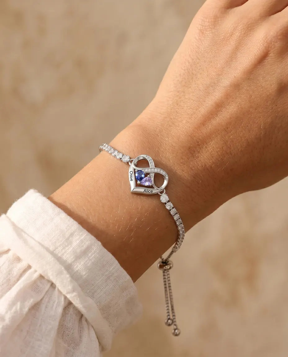 Gepersonaliseerde Armband met 2 Geboortestenen en 2 Namen - tennisarmband met oneindig hart, verstelbaar