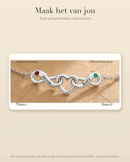 Gepersonaliseerde Oneindig Armband 2 Namen - twee lussen om een hart met twee geboortestenen - personalisatiegids: namen en geboortestenen