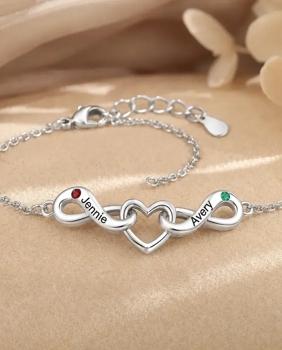 Gepersonaliseerde Oneindig Armband 2 Namen - twee lussen om een hart met twee geboortestenen, verstelbaar