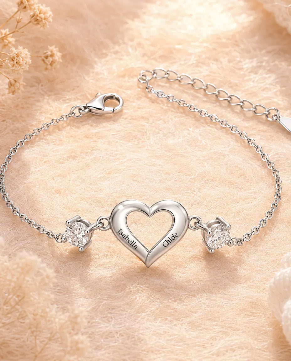 Gepersonaliseerde Armband met 2 Geboortestenen en 2 Namen - open hart, verstelbaar 16,5-21,5 cm, gerhodineerd