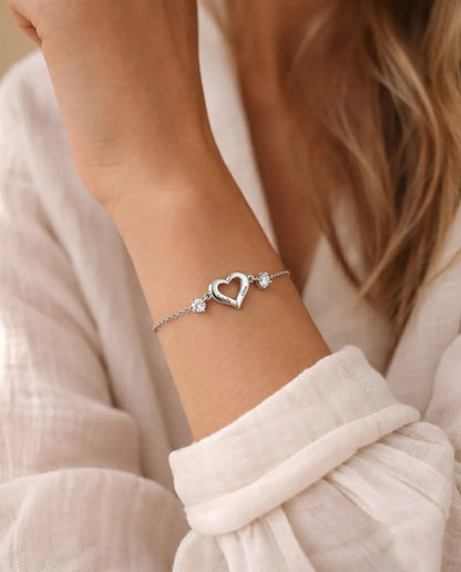 Gepersonaliseerde Armband met 2 Geboortestenen en 2 Namen - open hart, verstelbaar 16,5-21,5 cm, gerhodineerd