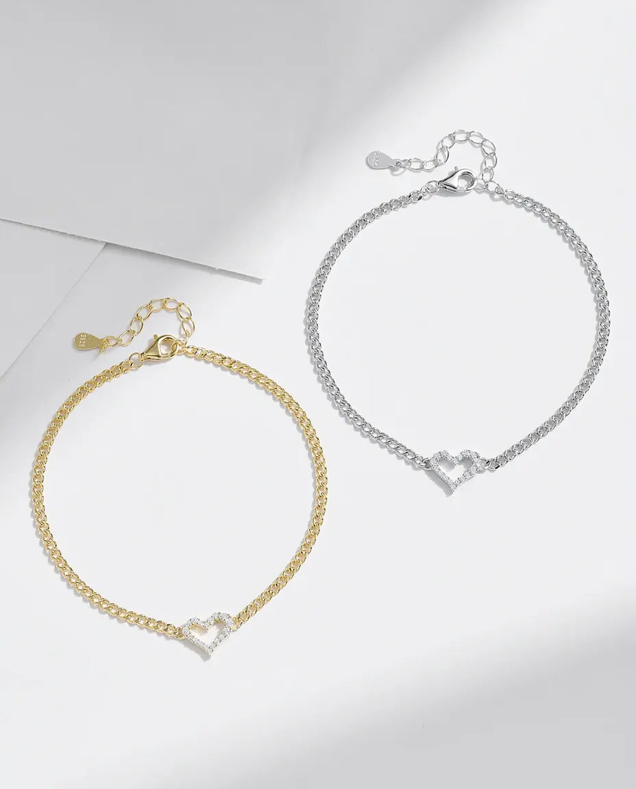 Armband met open hart van moissaniet aan gourmetschakel – 925 sterling zilver, in zilver of goudkleur